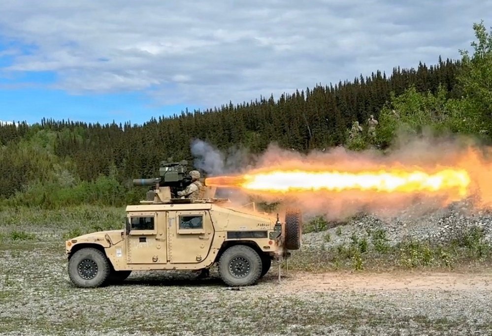 A Denali Squadron crew fires a TOW missile from a vehicle during Red Flag-Alaska 26-2