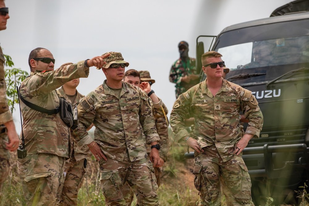 U.S. and Indonesian military personnel survey a training area during Super Garuda Shield 2024